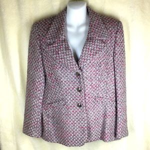 Escada 40 Pink Gray White Black Tweed Long Sleeve Wool Blend Jacket M 10
